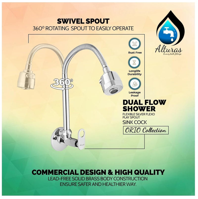 ALTURAS Brass Orio Dual Flow Kitchen Sink Cock with 360 Degree Swivel Spout | Kitchen Sink Tap | Kitchen Faucet | Tap for Kitchen Sink | Taps - Set of 1 - Image 3