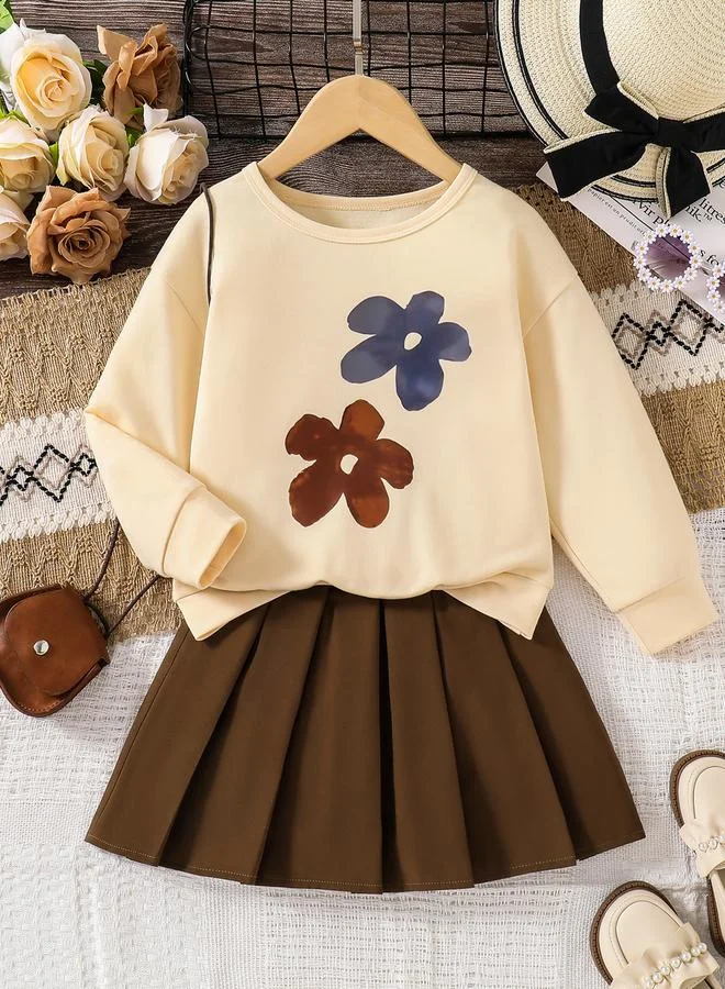 Take Two Take Two Girls Floral Sweatshirt and Pleated Skirt Set