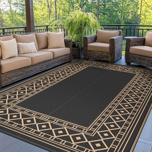 GENIMO Outdoor Rug Waterproof 6'x9' for Patio, Foldable Reversible Plastic Straw Carpet for Travel Trailers, Outside Area Mat for Rv, Deck, Picnic, Porch, Camper, Balcony, Beach, Black & Brown - Image 1