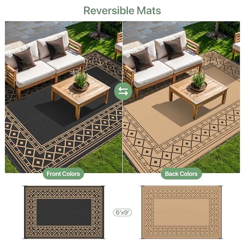GENIMO Outdoor Rug Waterproof 6'x9' for Patio, Foldable Reversible Plastic Straw Carpet for Travel Trailers, Outside Area Mat for Rv, Deck, Picnic, Porch, Camper, Balcony, Beach, Black & Brown - Image 4