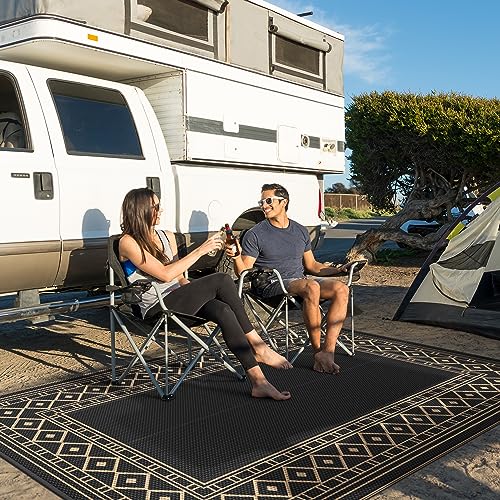 GENIMO Outdoor Rug Waterproof 6'x9' for Patio, Foldable Reversible Plastic Straw Carpet for Travel Trailers, Outside Area Mat for Rv, Deck, Picnic, Porch, Camper, Balcony, Beach, Black & Brown - Image 3