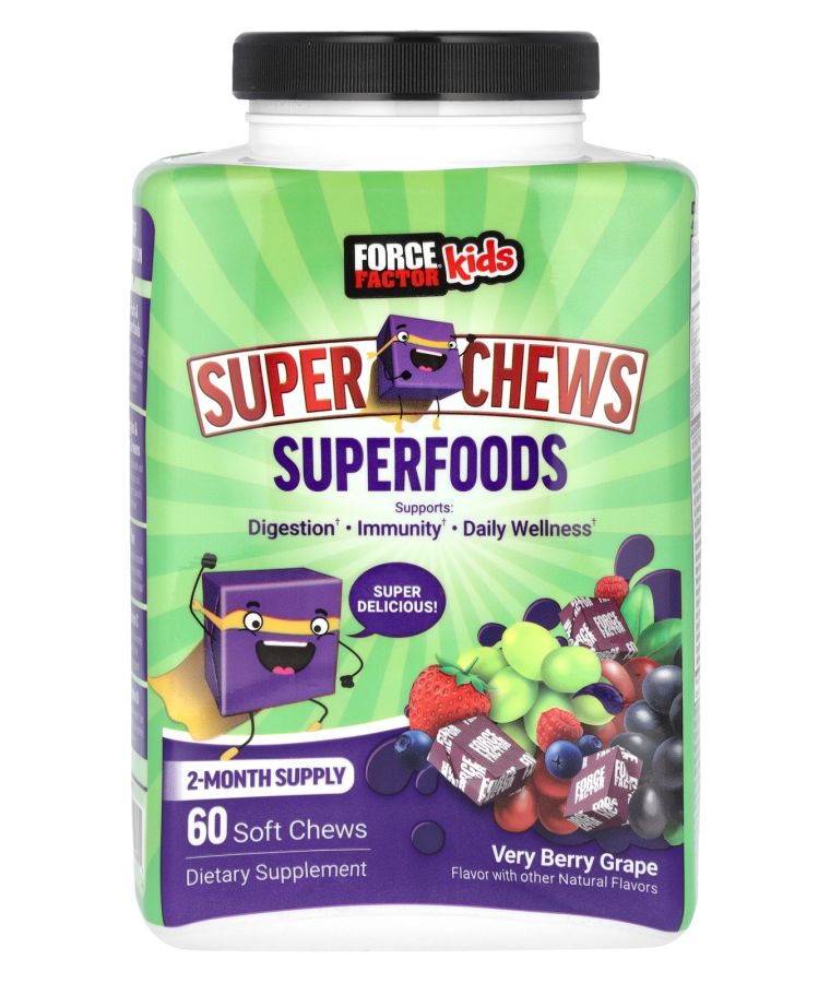 Force Factor Kids Super Chews Superfoods Very Berry Grape 60 Soft Chews