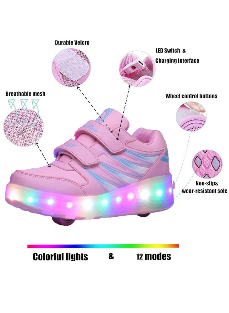 Kids Roller Skates Shoes with Lights Kids Skates Sneakers LED Light Up Rechargeable Wheels Shoes with Lights Outdoor Slip On Roller Skates Shoes Sneakers for Beginners Gift (Pink)  - Image 2