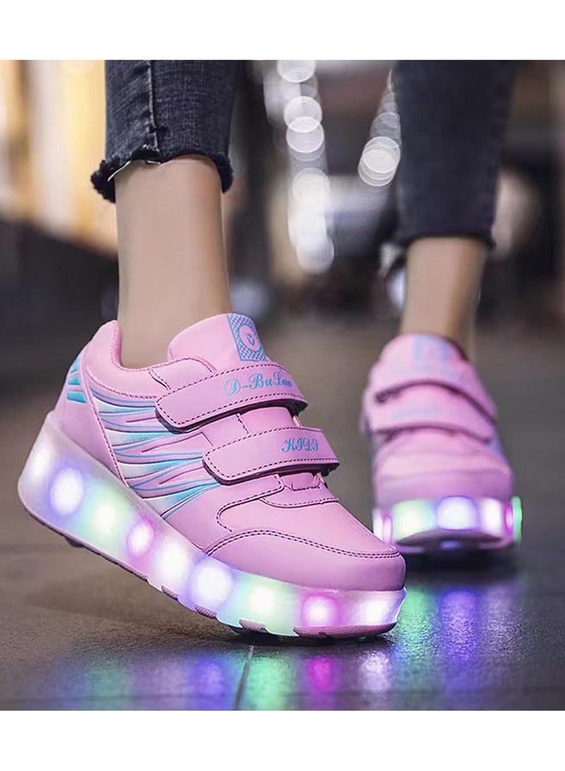 Kids Roller Skates Shoes with Lights Kids Skates Sneakers LED Light Up Rechargeable Wheels Shoes with Lights Outdoor Slip On Roller Skates Shoes Sneakers for Beginners Gift (Pink)  - Image 3