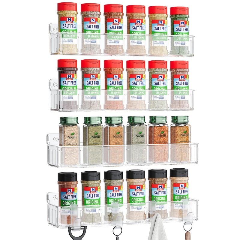 Nieifi Spice Rack Wall Mount, 4 Pack, Clear, Screw or Adhesive Installation, Spice Rack Organizer for Your Kitchen Cabinet or Pantry Door - Image 1