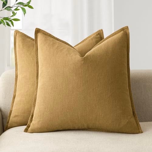 Foindtower Pack of 2 Decorative Linen Soild Throw Pillow Covers Soft Accent Cushion Case Boho Farmhouse Pillowcase for Couch Sofa Bedroom Living Room Home Decor 22 x 22 Inch Honey Mustard - Image 1