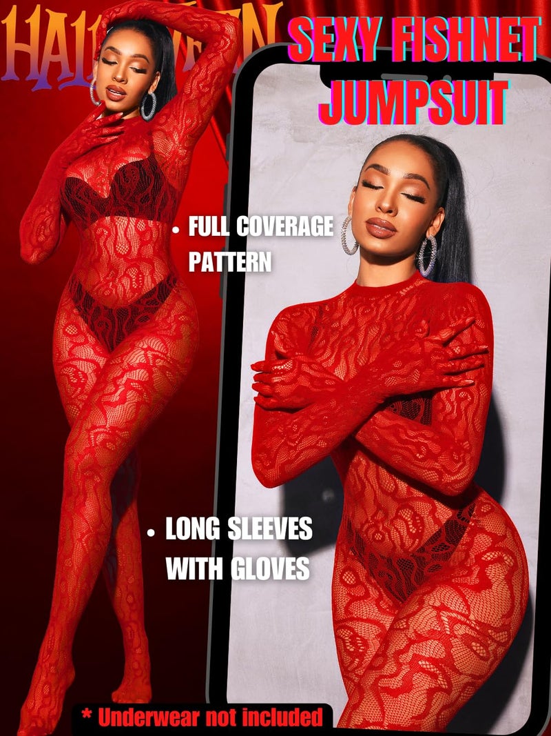 EHSUYAB Women Sexy Fishnet Full Bodysuit, Mesh Lace Poster Jumpsuit Glow Party Rave Outfits, Body Stockings Halloween Costume Red - Image 2