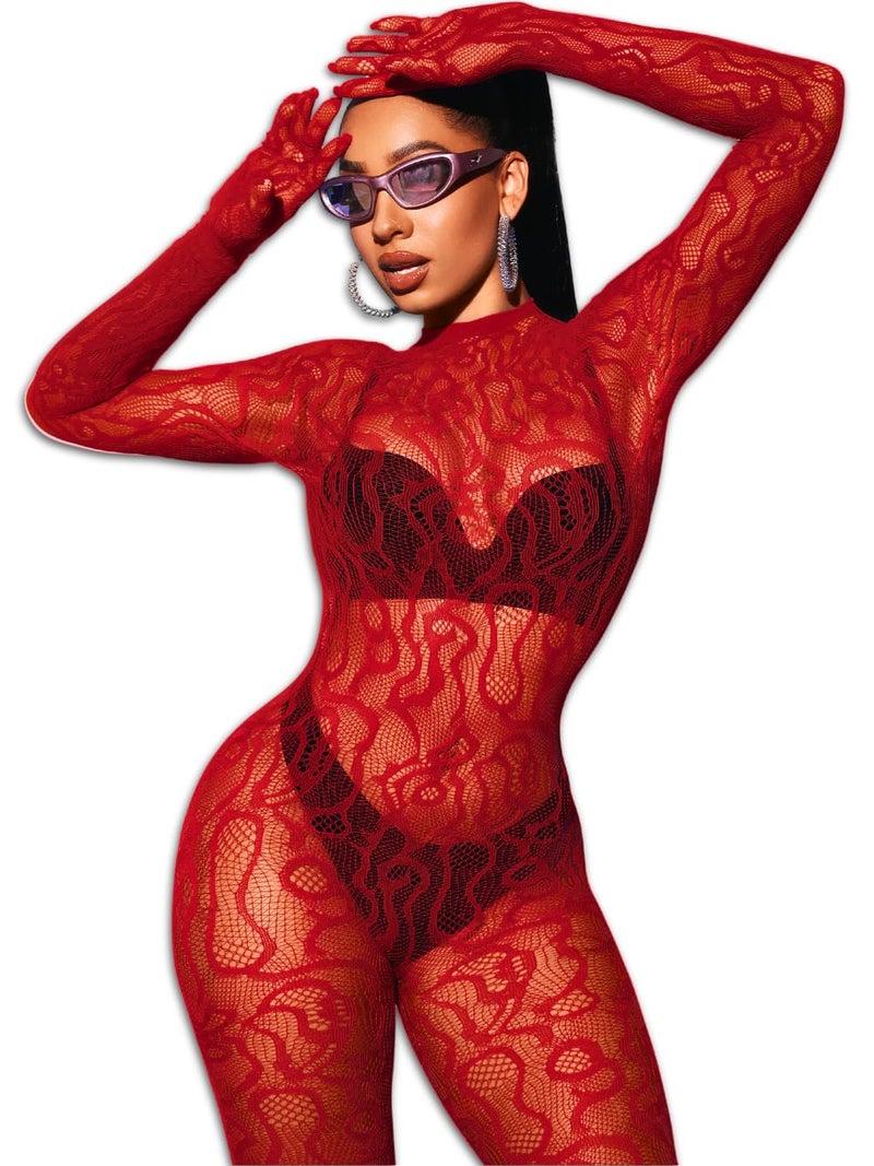 EHSUYAB Women Sexy Fishnet Full Bodysuit, Mesh Lace Poster Jumpsuit Glow Party Rave Outfits, Body Stockings Halloween Costume Red - Image 1