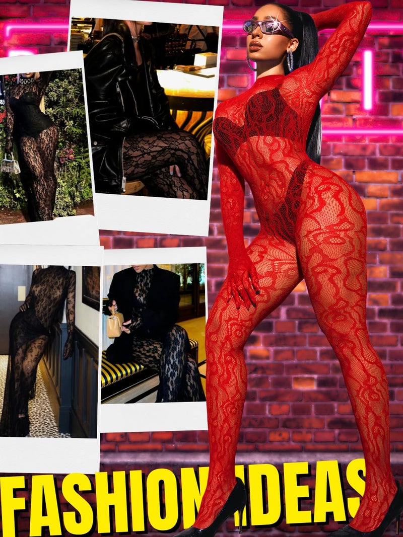 EHSUYAB Women Sexy Fishnet Full Bodysuit, Mesh Lace Poster Jumpsuit Glow Party Rave Outfits, Body Stockings Halloween Costume Red - Image 3