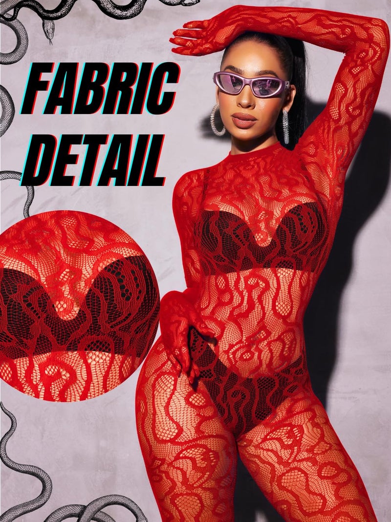 EHSUYAB Women Sexy Fishnet Full Bodysuit, Mesh Lace Poster Jumpsuit Glow Party Rave Outfits, Body Stockings Halloween Costume Red - Image 4
