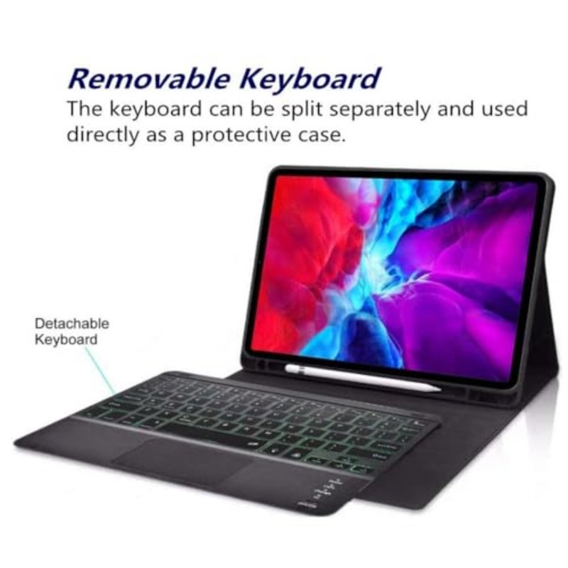 حافظة لوحة المفاتيح Touchpad لجهاز iPad 10th 11th Gen 2022/2025، غطاء فوليو من السيليكون الأسود مع لوحة مفاتيح بلوتوث بإضاءة خلفية قابلة للفصل، حامل قلم رصاص، تصميم نحيف - Image 3