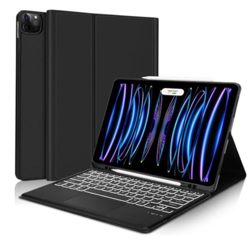 حافظة لوحة المفاتيح Touchpad لجهاز iPad 10th 11th Gen 2022/2025، غطاء فوليو من السيليكون الأسود مع لوحة مفاتيح بلوتوث بإضاءة خلفية قابلة للفصل، حامل قلم رصاص، تصميم نحيف - Image 1