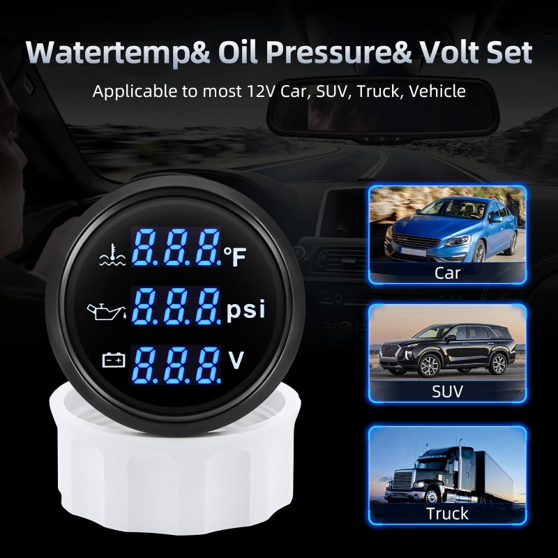 ARTILAURA Triple Gauge Set 3in1 (Oil Pressure+ Water Temperature + Voltmeter) 2" 52mm Blue Backlight AUTO Boat Gauge Kit with Sensor (Black) - Image 5
