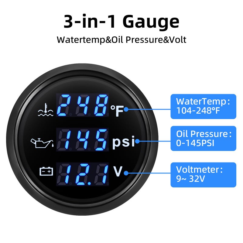 ARTILAURA Triple Gauge Set 3in1 (Oil Pressure+ Water Temperature + Voltmeter) 2" 52mm Blue Backlight AUTO Boat Gauge Kit with Sensor (Black) - Image 2