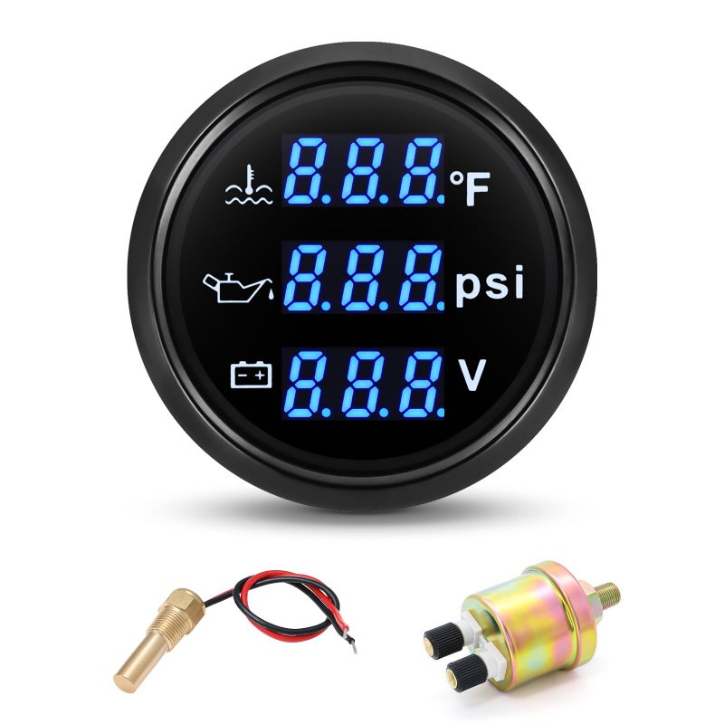 ARTILAURA Triple Gauge Set 3in1 (Oil Pressure+ Water Temperature + Voltmeter) 2" 52mm Blue Backlight AUTO Boat Gauge Kit with Sensor (Black) - Image 1