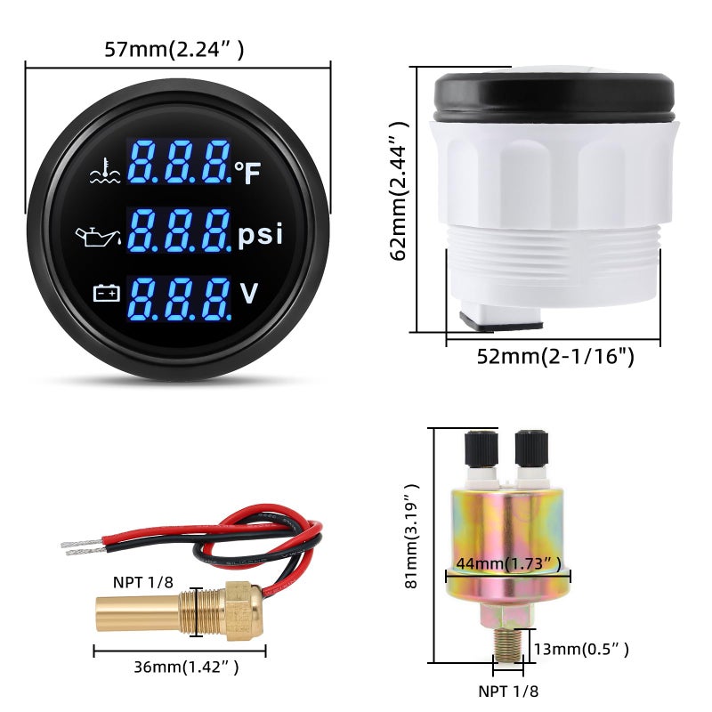 ARTILAURA Triple Gauge Set 3in1 (Oil Pressure+ Water Temperature + Voltmeter) 2" 52mm Blue Backlight AUTO Boat Gauge Kit with Sensor (Black) - Image 3
