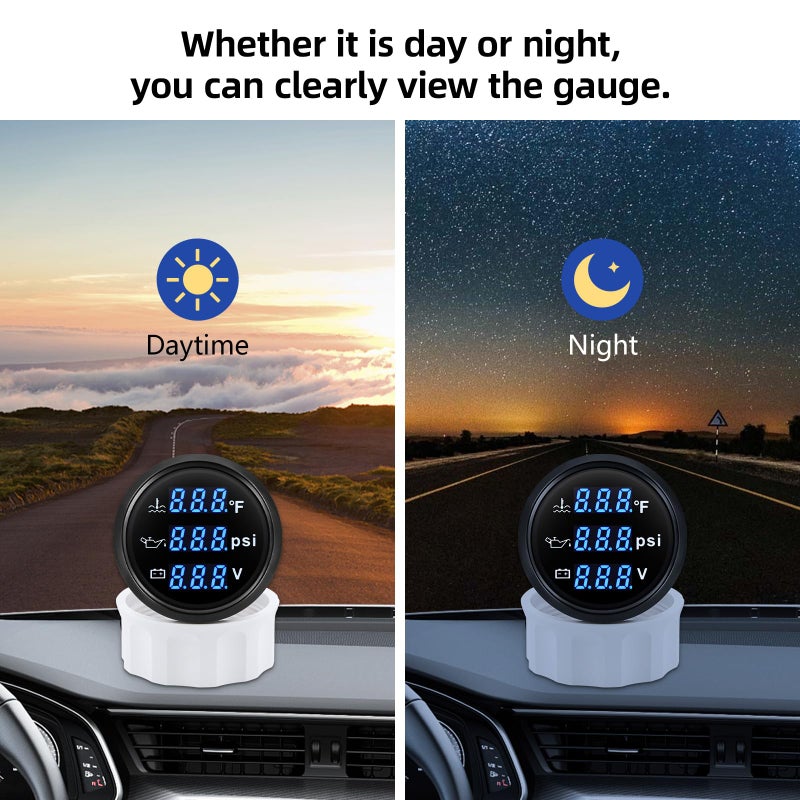 ARTILAURA Triple Gauge Set 3in1 (Oil Pressure+ Water Temperature + Voltmeter) 2" 52mm Blue Backlight AUTO Boat Gauge Kit with Sensor (Black) - Image 4