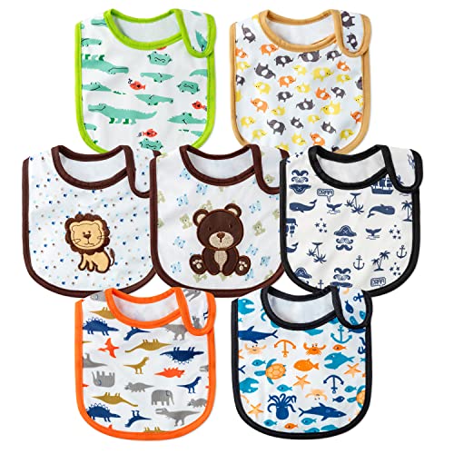 2ooya 7Pcs Waterproof Cotton Baby Bibs Adjustable Hook Loop Closure Infant Bib Unisex Blue Newborn Babies Infant Food Bibs Keepsake Baby Gift for Eating Teething Drooling Feeding（6-12 Months） - Image 1