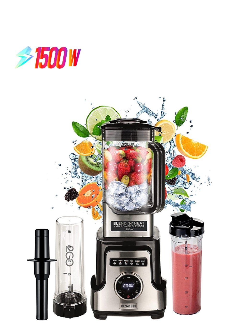 Premium Power Blender Smoothie Maker Blend N Heat With Tritan Jar, 2 Smoothie2Go Bottles, Heating Function For Soup, 10 Speed+6 Preset Programs, Ice Crush Function 1500 W BLM92.920SS silver