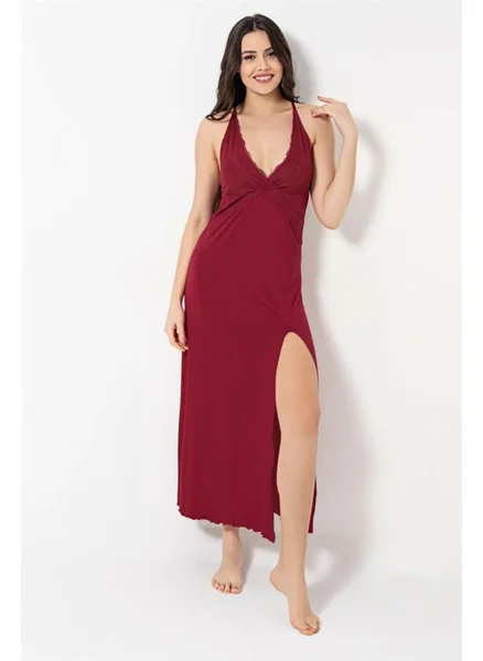 موناميسي Women's Red Chest and Back Low-Cut Lace Slit Nightgown 18491