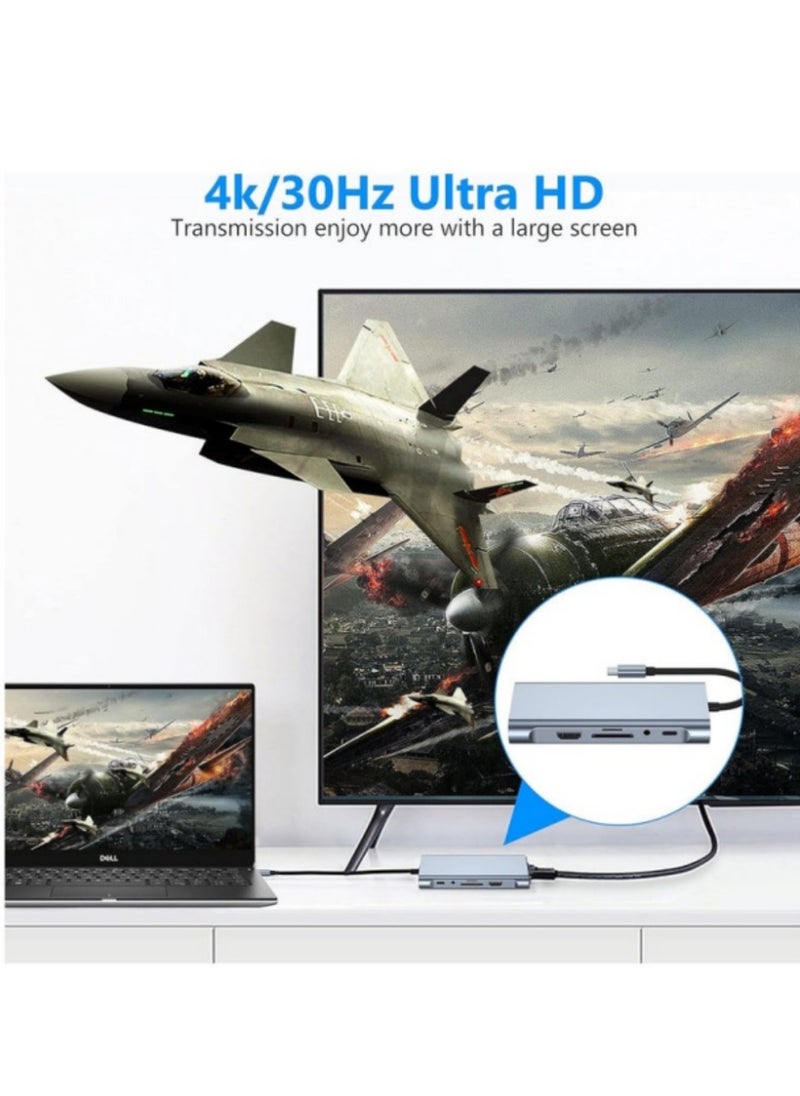​USB - C HUB & Adapter: 11 - in - 1 Dongle Featuring 4K HDMI, VGA, Type - C Power Delivery (PD), USB 3.0, RJ45 Ethernet, SD/TF Card Reader, 3.5mm AUX. A Docking Station Compatible with MacBook Pro/Air and Other Type - C Laptops.