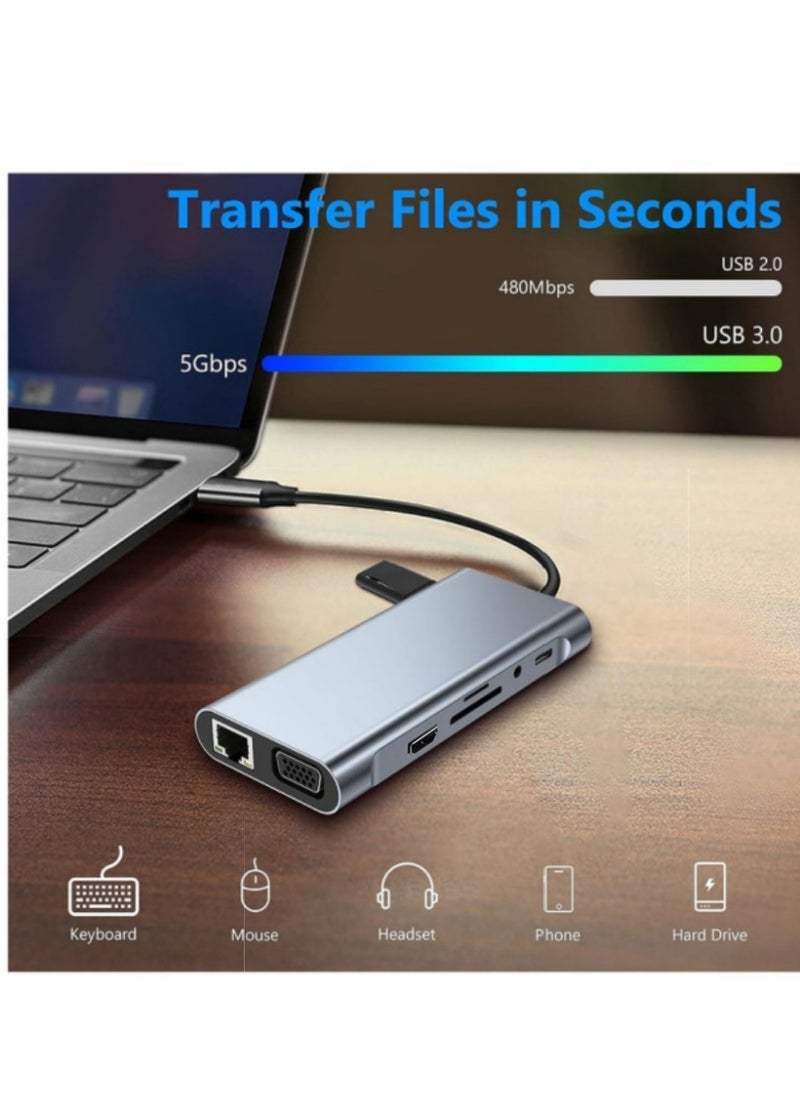 ​USB - C HUB & Adapter: 11 - in - 1 Dongle Featuring 4K HDMI, VGA, Type - C Power Delivery (PD), USB 3.0, RJ45 Ethernet, SD/TF Card Reader, 3.5mm AUX. A Docking Station Compatible with MacBook Pro/Air and Other Type - C Laptops.