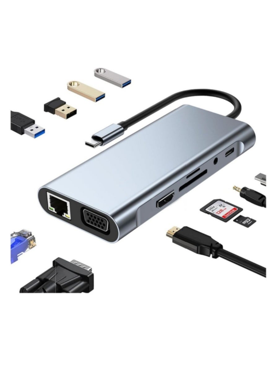 USB - C HUB & Adapter: 11 - in - 1 Dongle Featuring 4K HDMI, VGA, Type - C Power Delivery (PD), USB 3.0, RJ45 Ethernet, SD/TF Card Reader, 3.5mm AUX. A Docking Station Compatible with MacBook Pro/Air and Other Type - C Laptops.
