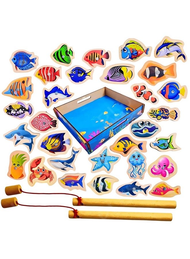 PLUSPOINT Magnetic Wooden Fishing Game Toy for Toddlers, Fish Catching Games of 30 Piece Fishes 2 Sticks 1 Fishing Tray, Preschool Learning Hand and Eye Co-Ordination Educational Toys 3+Yr Kids - Image 1