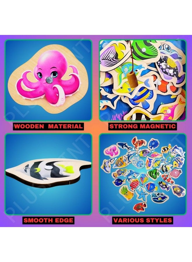 PLUSPOINT Magnetic Wooden Fishing Game Toy for Toddlers, Fish Catching Games of 30 Piece Fishes 2 Sticks 1 Fishing Tray, Preschool Learning Hand and Eye Co-Ordination Educational Toys 3+Yr Kids - Image 3