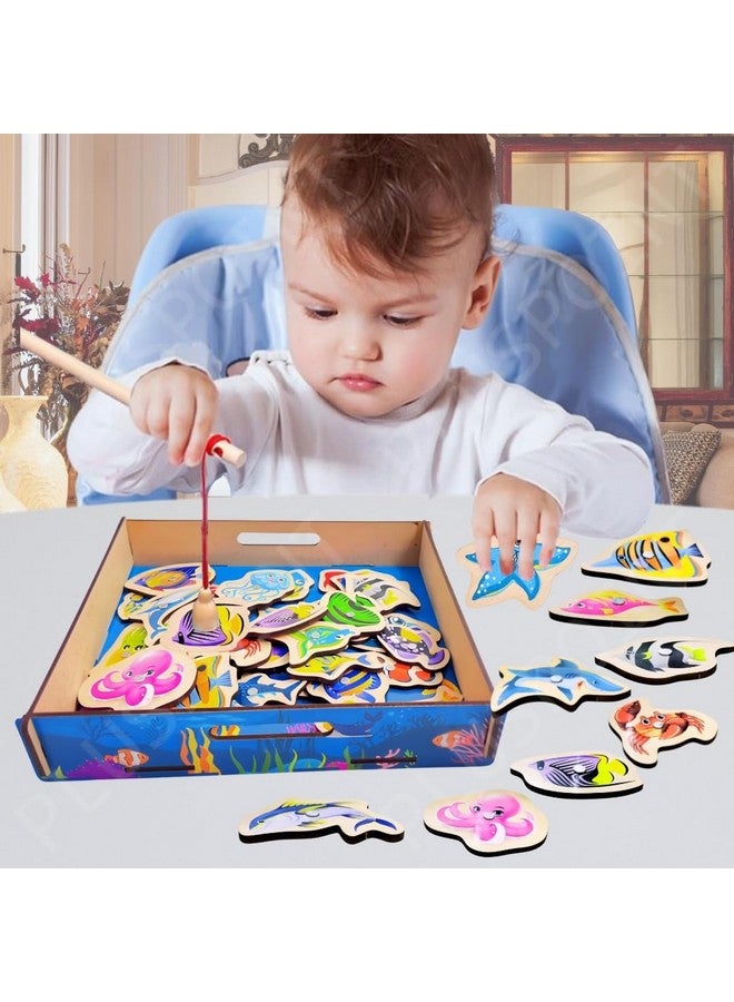 PLUSPOINT Magnetic Wooden Fishing Game Toy for Toddlers, Fish Catching Games of 30 Piece Fishes 2 Sticks 1 Fishing Tray, Preschool Learning Hand and Eye Co-Ordination Educational Toys 3+Yr Kids - Image 2
