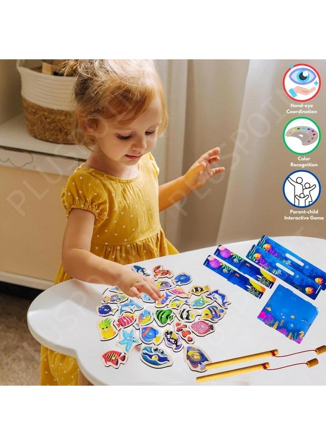 PLUSPOINT Magnetic Wooden Fishing Game Toy for Toddlers, Fish Catching Games of 30 Piece Fishes 2 Sticks 1 Fishing Tray, Preschool Learning Hand and Eye Co-Ordination Educational Toys 3+Yr Kids - Image 5