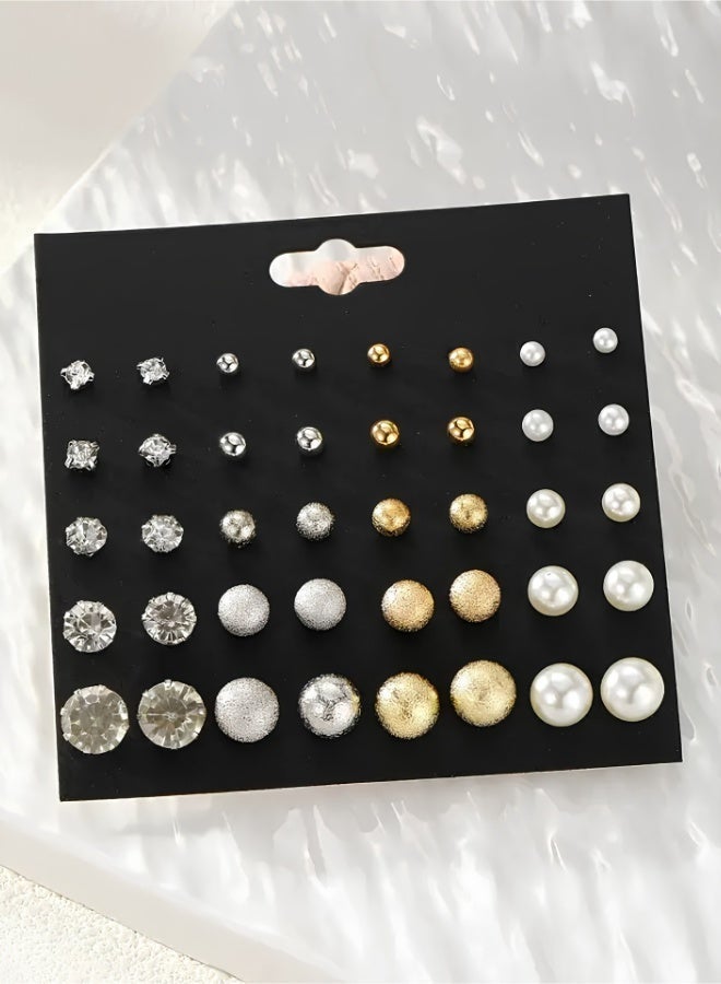 aeen 20-Pair Mixed Stud Earring Set for Women – Gold, Silver & Pearl Round Ball Studs, Rhinestone & Matte Finish, Elegant Minimalist Ear Accessories for Daily & Party Wear - Image 3