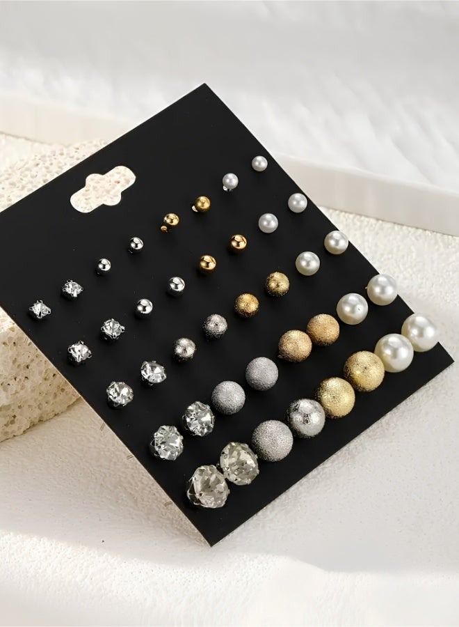 aeen 20-Pair Mixed Stud Earring Set for Women – Gold, Silver & Pearl Round Ball Studs, Rhinestone & Matte Finish, Elegant Minimalist Ear Accessories for Daily & Party Wear - Image 5