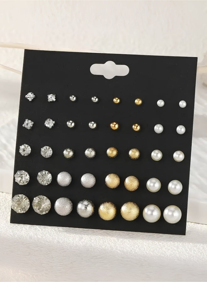 aeen 20-Pair Mixed Stud Earring Set for Women – Gold, Silver & Pearl Round Ball Studs, Rhinestone & Matte Finish, Elegant Minimalist Ear Accessories for Daily & Party Wear - Image 1