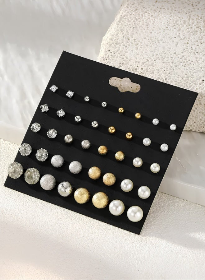 aeen 20-Pair Mixed Stud Earring Set for Women – Gold, Silver & Pearl Round Ball Studs, Rhinestone & Matte Finish, Elegant Minimalist Ear Accessories for Daily & Party Wear - Image 2