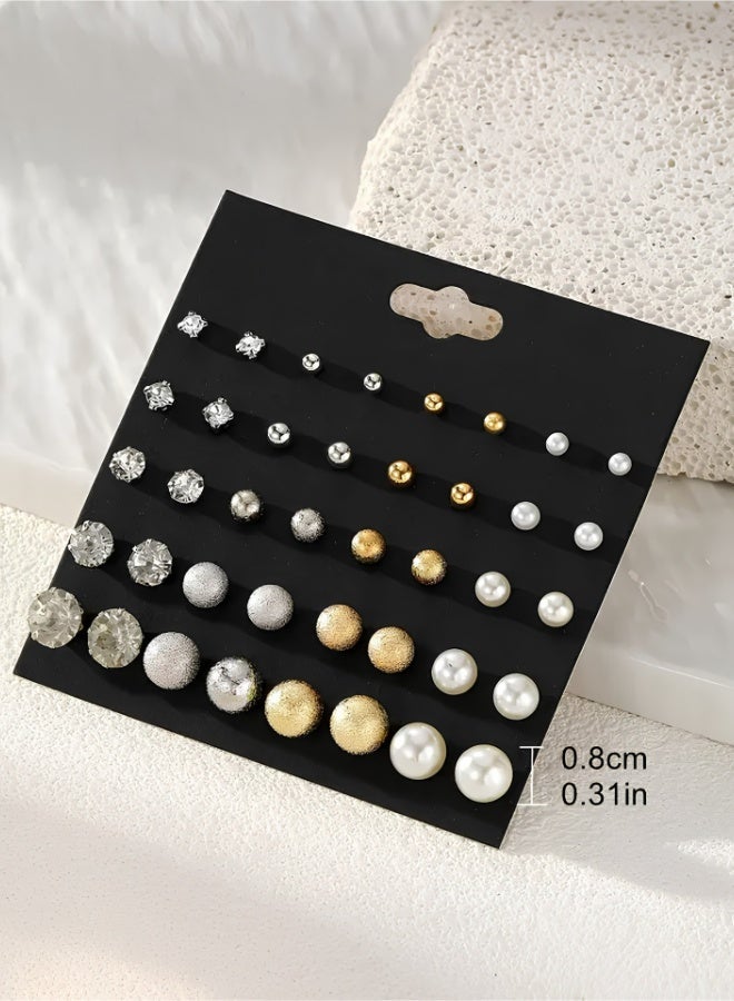 aeen 20-Pair Mixed Stud Earring Set for Women – Gold, Silver & Pearl Round Ball Studs, Rhinestone & Matte Finish, Elegant Minimalist Ear Accessories for Daily & Party Wear - Image 4