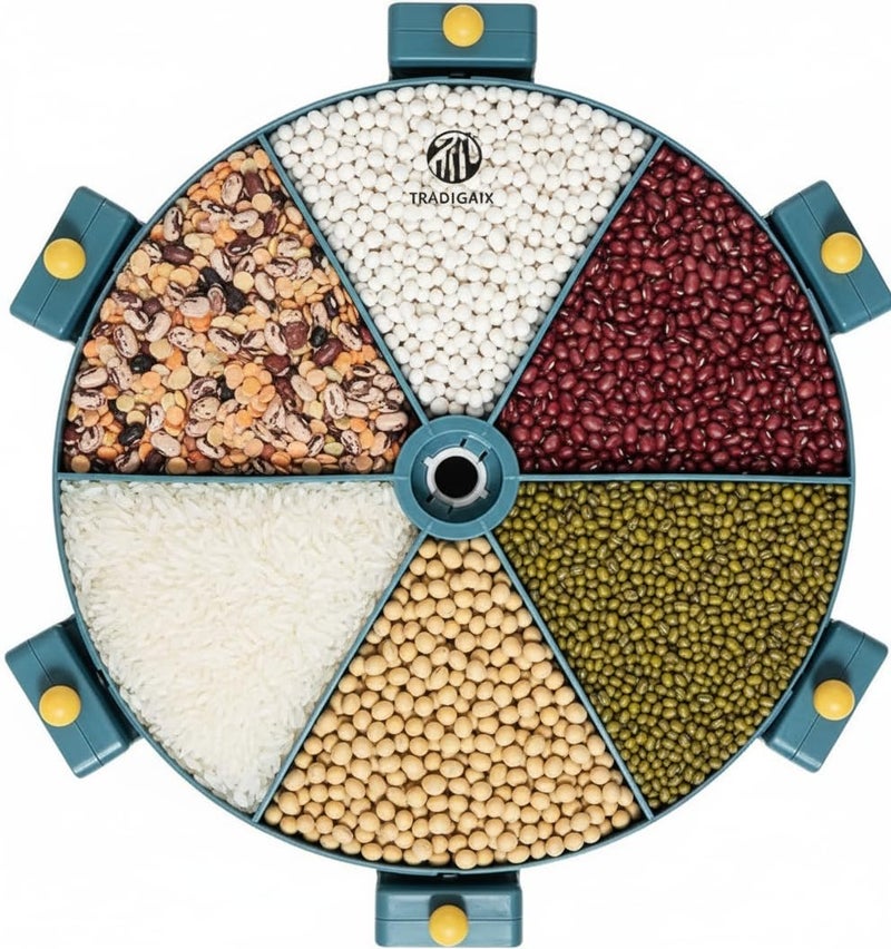 TRADEGATE 360° Rotating Grain Storage Container – 6 Compartment Food Dispenser, 8.5L Airtight Cereal Rice Organizer with 1.42L Sections, Blue - Image 1