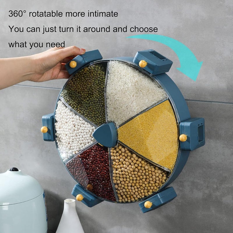 TRADEGATE 360° Rotating Grain Storage Container – 6 Compartment Food Dispenser, 8.5L Airtight Cereal Rice Organizer with 1.42L Sections, Blue - Image 2