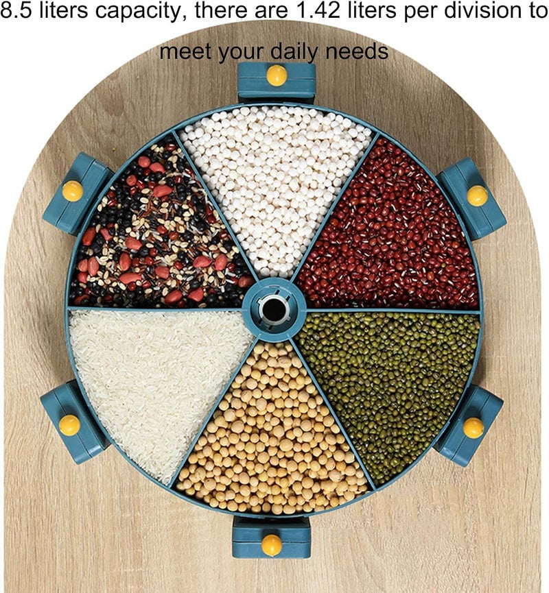 TRADEGATE 360° Rotating Grain Storage Container – 6 Compartment Food Dispenser, 8.5L Airtight Cereal Rice Organizer with 1.42L Sections, Blue - Image 3