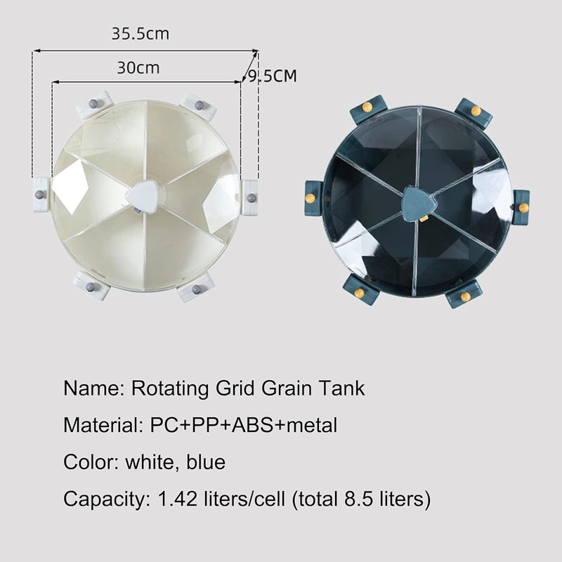 TRADEGATE 360° Rotating Grain Storage Container – 6 Compartment Food Dispenser, 8.5L Airtight Cereal Rice Organizer with 1.42L Sections, Blue - Image 4