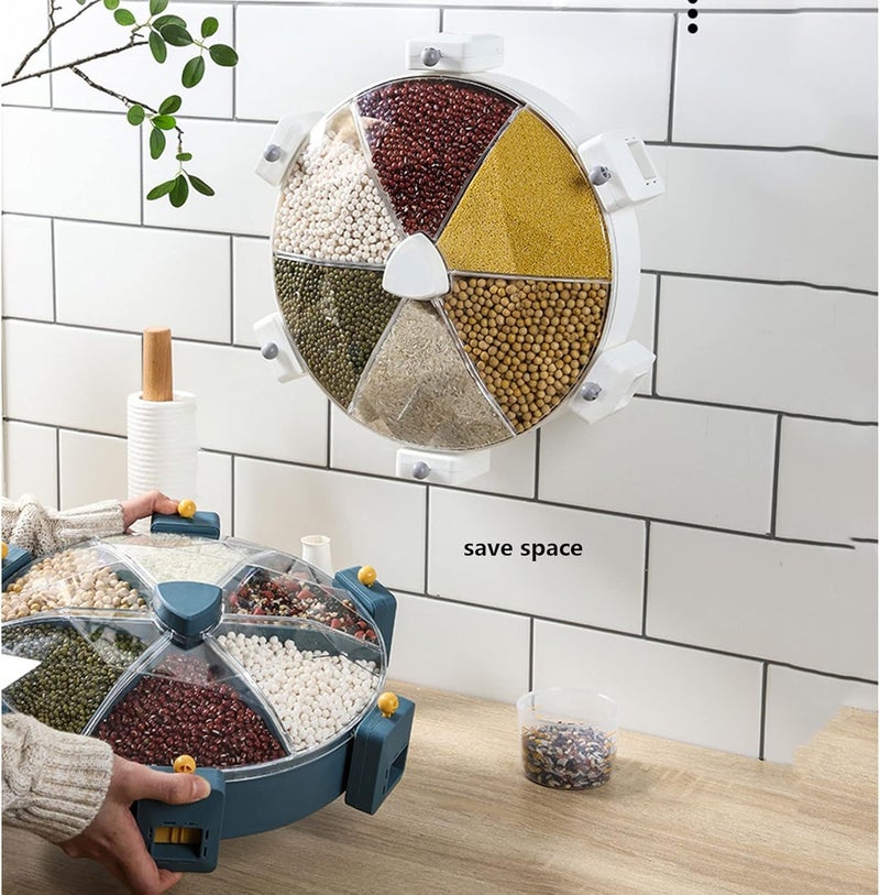 TRADEGATE 360° Rotating Grain Storage Container – 6 Compartment Food Dispenser, 8.5L Airtight Cereal Rice Organizer with 1.42L Sections, Blue - Image 5