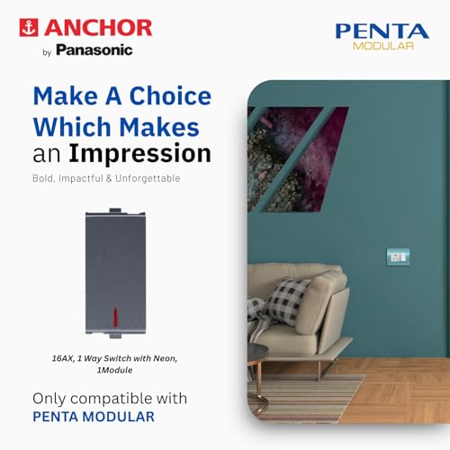 Anchor by Panasonic Penta Modular 16AX 1 Way Switch with Neon Indicator, 1 Module 1 Way Switch (Black, 65001B-10) - Image 3