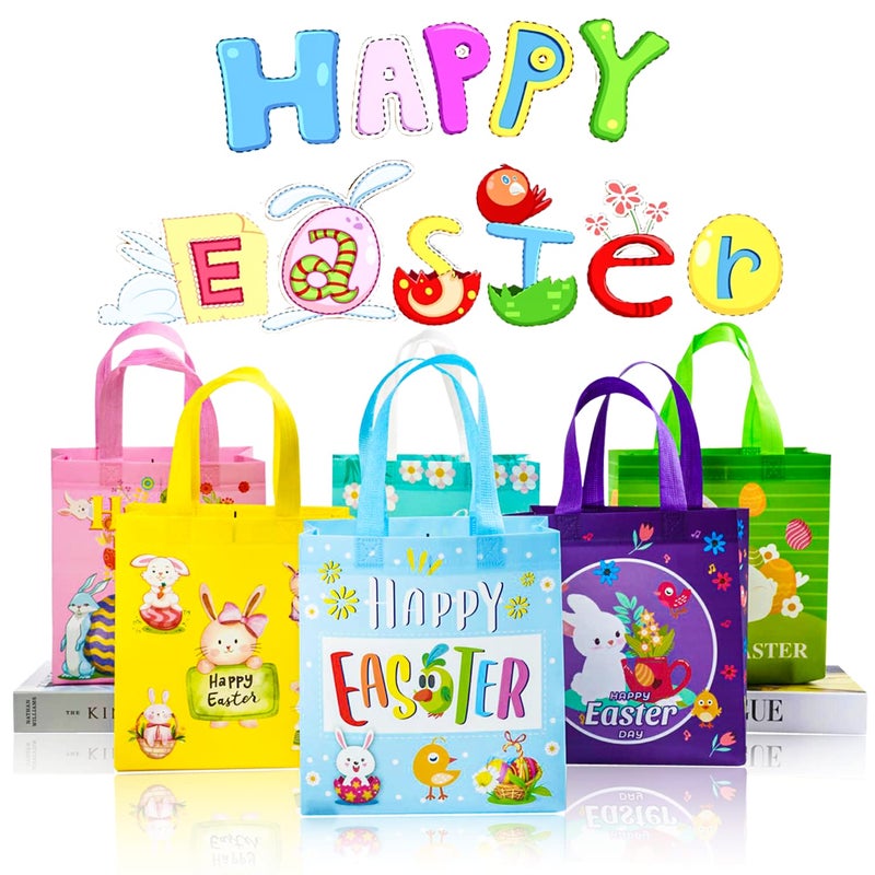 JWSCYSY 6Pcs Easter Non-woven Bags with Handle, Happy Easter Gift Bags for Kids, Treat Bags Rabbit Bunny, Reusable Easter Goodie Bags-Waterproof - Image 3