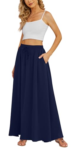 Yincro Women's Flowy Maxi Skirt Summer Pleated High Waisted Casual Long Skirts with Pockets (Navy Blue, 2XL) - Image 5