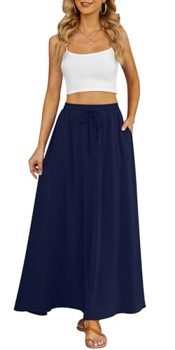Yincro Women's Flowy Maxi Skirt Summer Pleated High Waisted Casual Long Skirts with Pockets (Navy Blue, 2XL) - Image 3