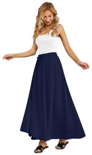 Yincro Women's Flowy Maxi Skirt Summer Pleated High Waisted Casual Long Skirts with Pockets (Navy Blue, 2XL) - Image 2