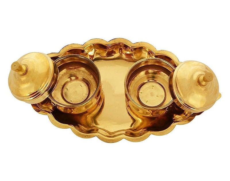 Damurhu Brass Haldi Kumkum dabbi with lid and Attached with Thali Brass Kankavati for puja Size 2 Big Size - Image 3