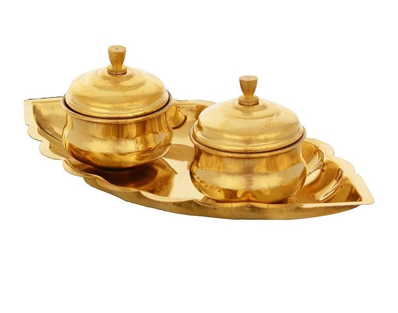 Damurhu Brass Haldi Kumkum dabbi with lid and Attached with Thali Brass Kankavati for puja Size 2 Big Size - Image 5