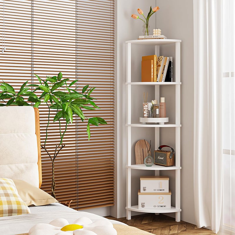 VIMBER Corner Shelf, 5-Tier Corner Bookshelf, Industrial Corner Ladder Shelf, Modern Display Shelf for Living Room, Bedroom, Kitchen, Home Office, White UJSJ001W - Image 5