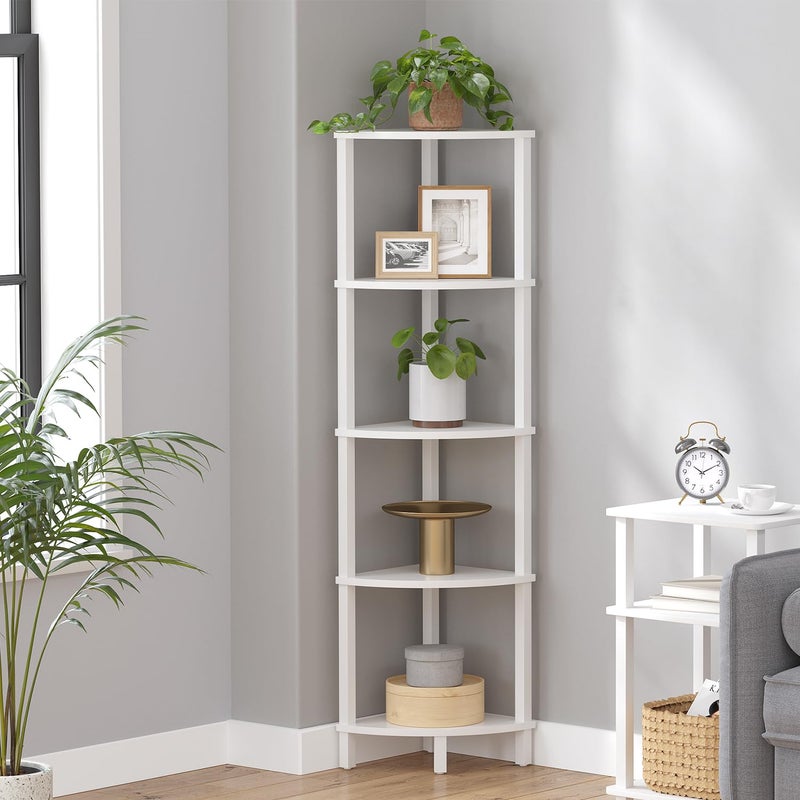 VIMBER Corner Shelf, 5-Tier Corner Bookshelf, Industrial Corner Ladder Shelf, Modern Display Shelf for Living Room, Bedroom, Kitchen, Home Office, White UJSJ001W - Image 2